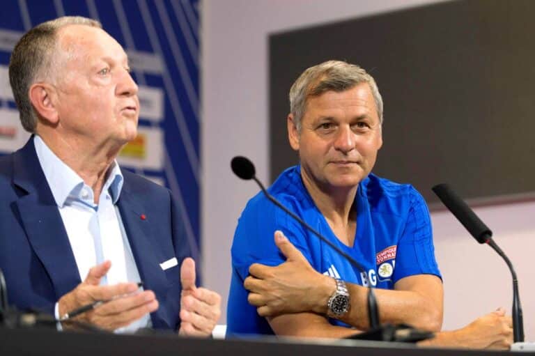Jean-Michel Aulas avec Bruno Genesio en conférence de presse de rentrée.