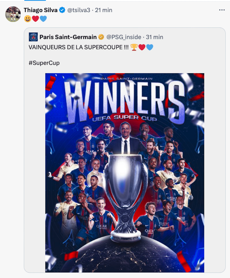 Thiago Silva félicite le PSG pour la Supercoupe d’Europe