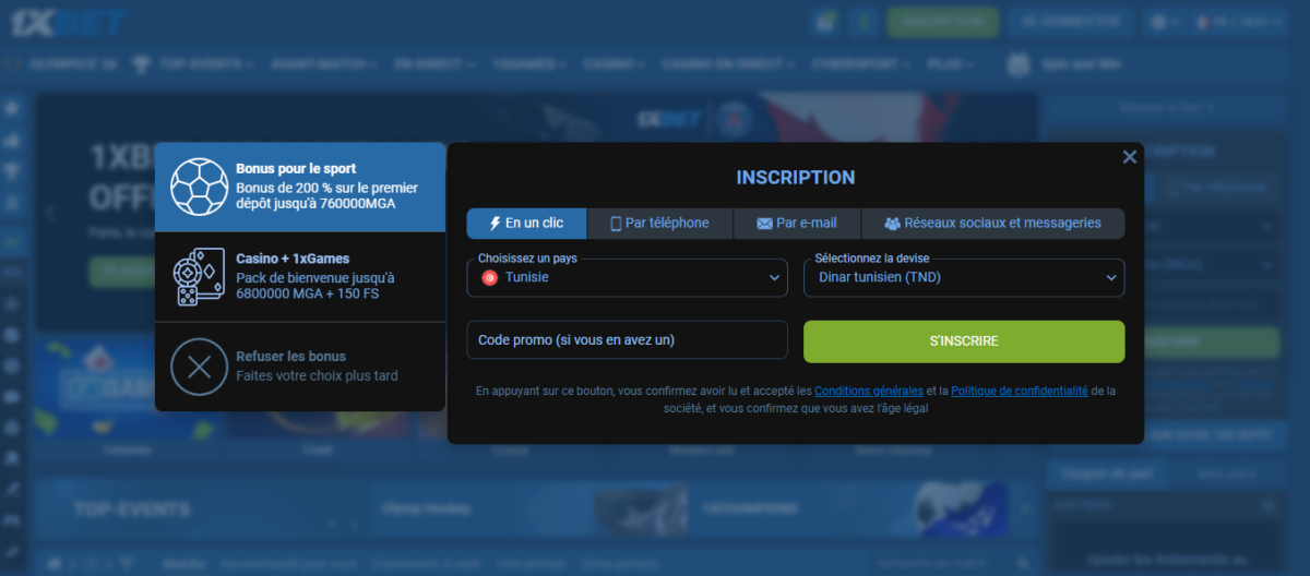 Formulaire d'inscription 1 xBet Tunisie