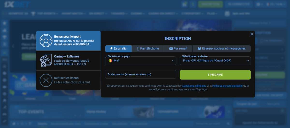 Inscription 1xBet